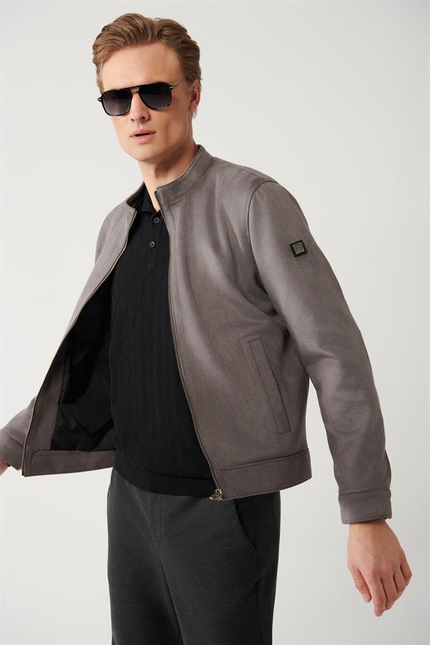 Antrasit Dik Yaka Süet Görünümlü İnce Mont