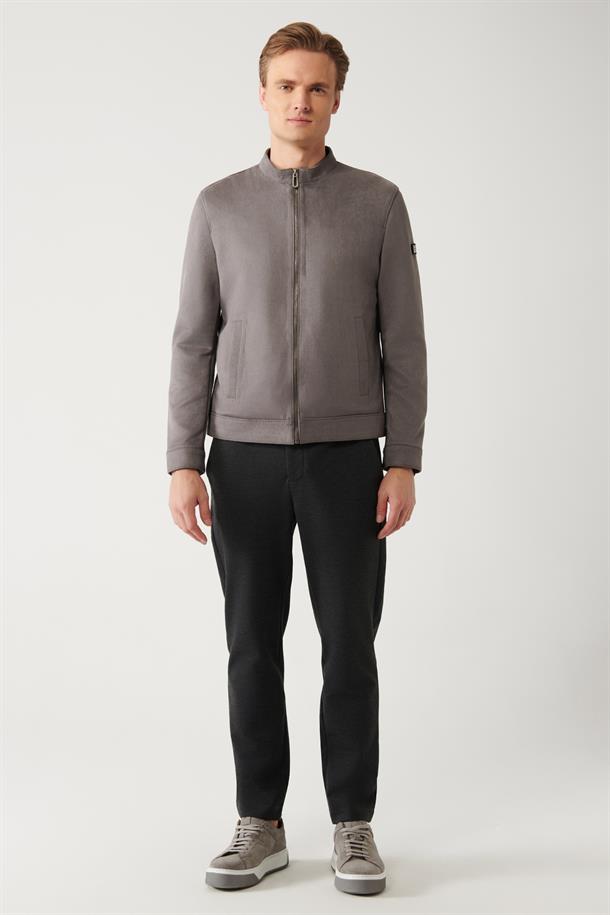 Antrasit Dik Yaka Süet Görünümlü İnce Mont