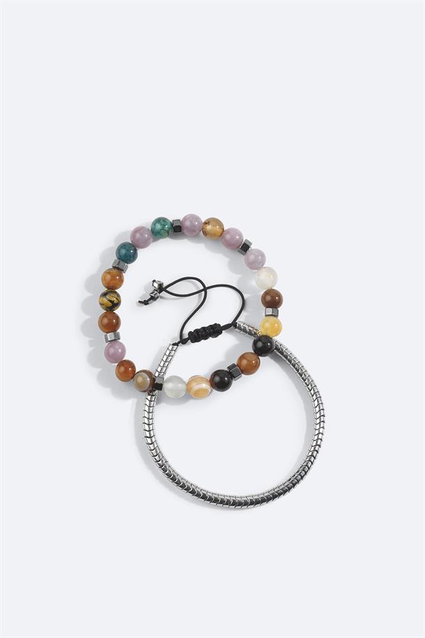 Antrasit Hematit Taşlı 2li Bileklik