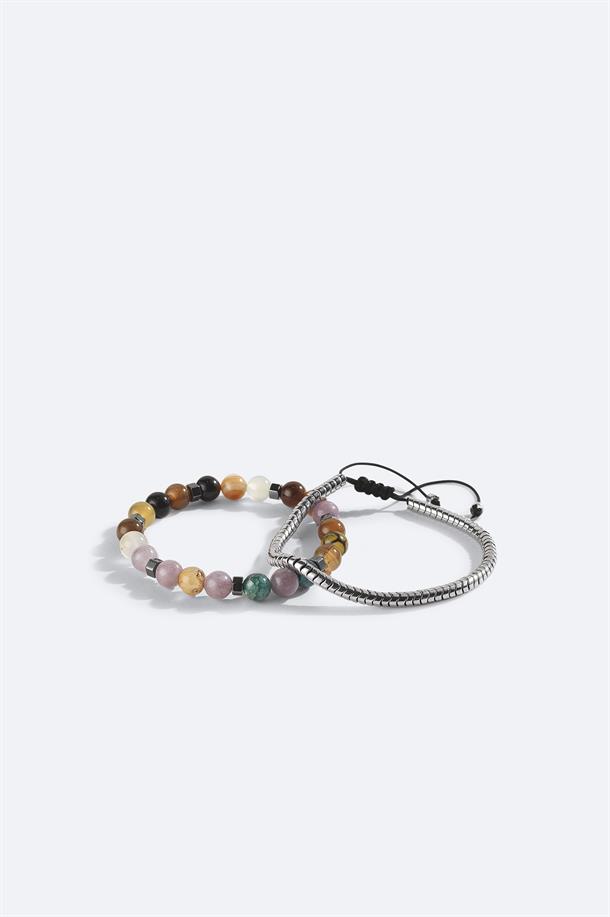 Antrasit Hematit Taşlı 2li Bileklik