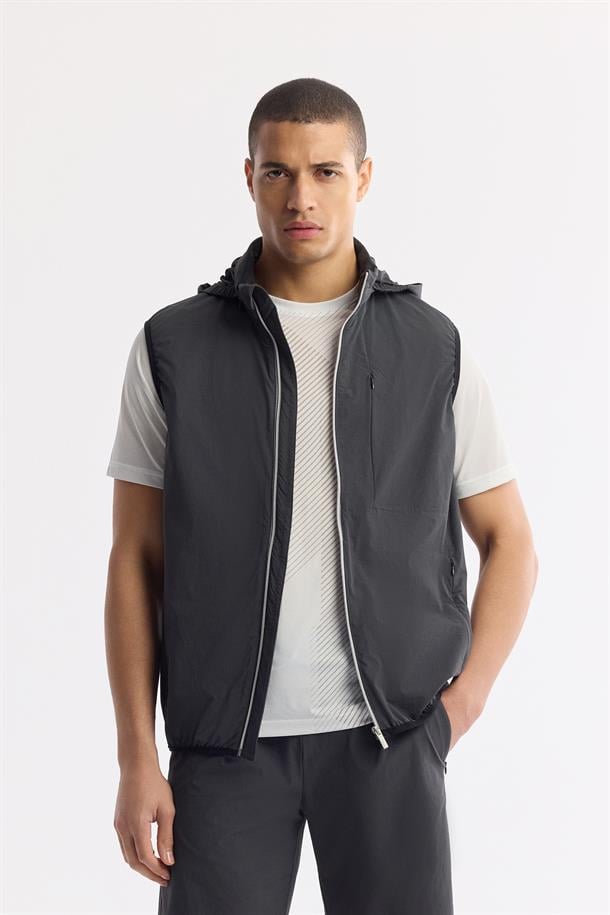 Antrasit Dik Yaka Su İtici Rüzgar Geçirmez Bi Stretch Yelek