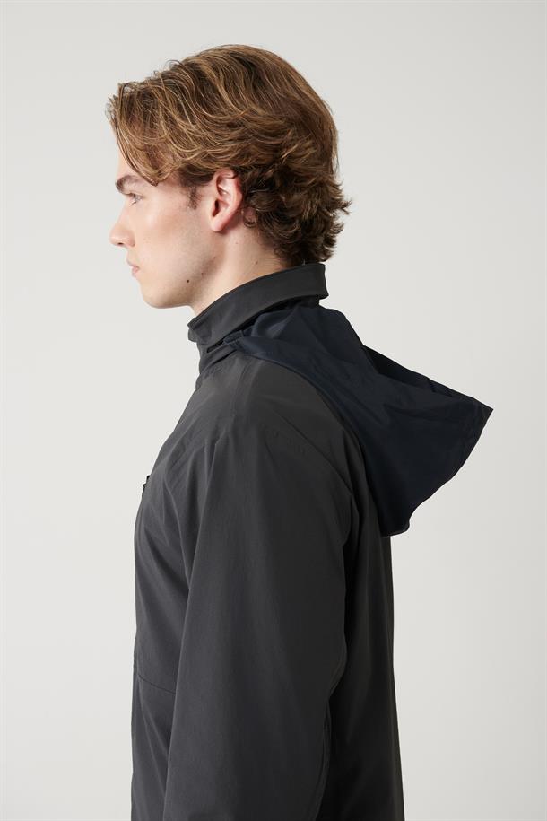 Antrasit Dik Yaka Kapüşonlu Fermuarlı Astarlı Su itici Bi Stretch Mont