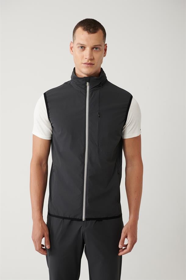 Antrasit Dik Yaka Kapüşonlu Fermuarlı Su itici Bi Stretch Yelek