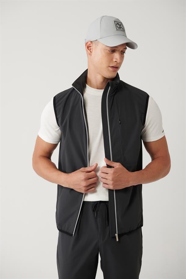 Antrasit Dik Yaka Kapüşonlu Fermuarlı Su itici Bi Stretch Yelek