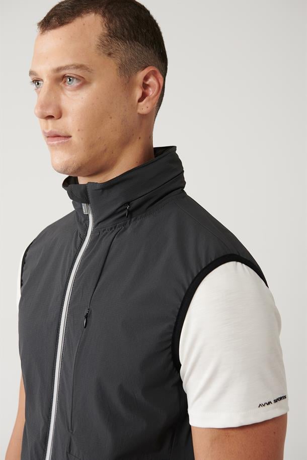 Antrasit Dik Yaka Kapüşonlu Fermuarlı Su itici Bi Stretch Yelek