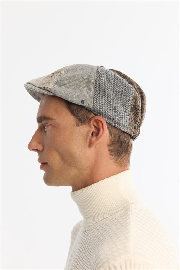 Antrasit Yün Karışımlı Ekose Desenli Kasket Şapka