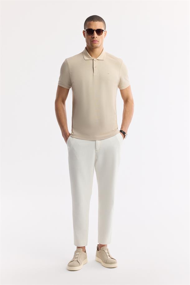 Bej Kıvrılmaz Polo Yaka %100 Pamuk Basic T-Shirt