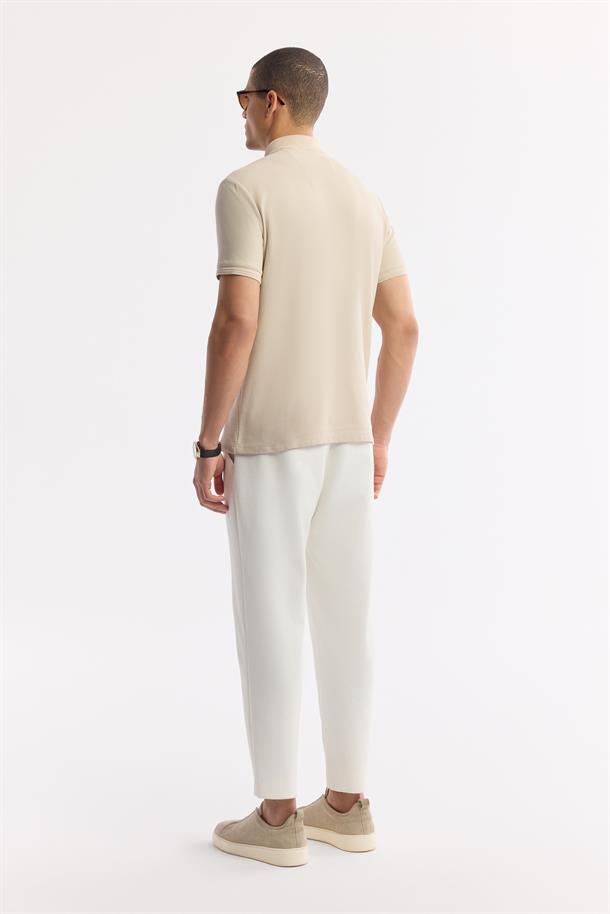 Bej Kıvrılmaz Polo Yaka %100 Pamuk Basic T-Shirt