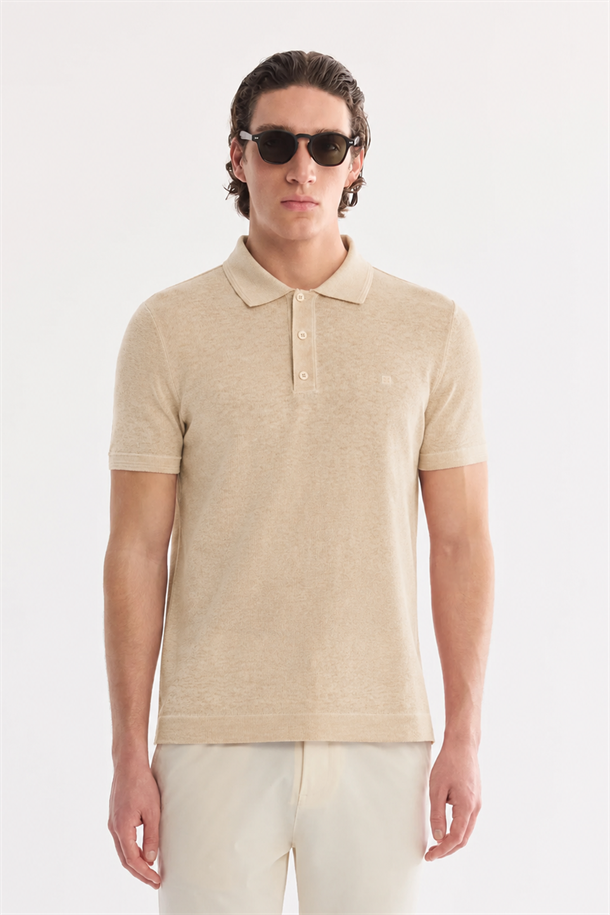 Bej 3 Düğmeli Polo Yaka Triko T-Shirt
