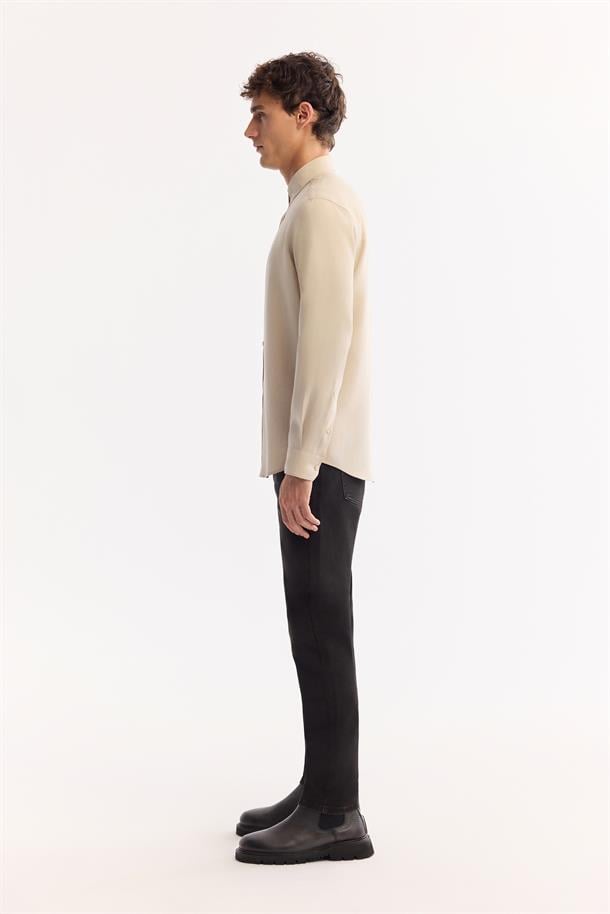 Bej Düğmeli Yaka Soft Touch Gömlek