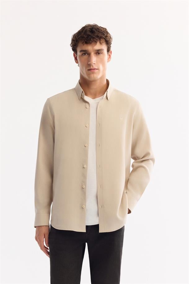 Bej Düğmeli Yaka Soft Touch Gömlek
