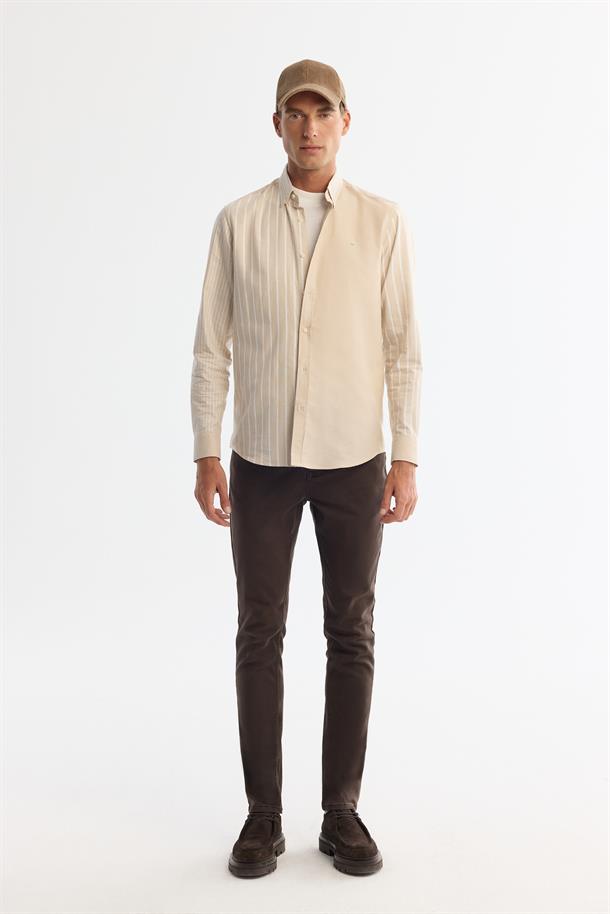 Bej Düğmeli Yaka %100 Pamuk Çizgili Gömlek