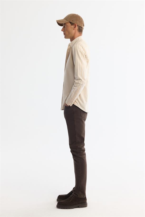 Bej Düğmeli Yaka %100 Pamuk Çizgili Gömlek