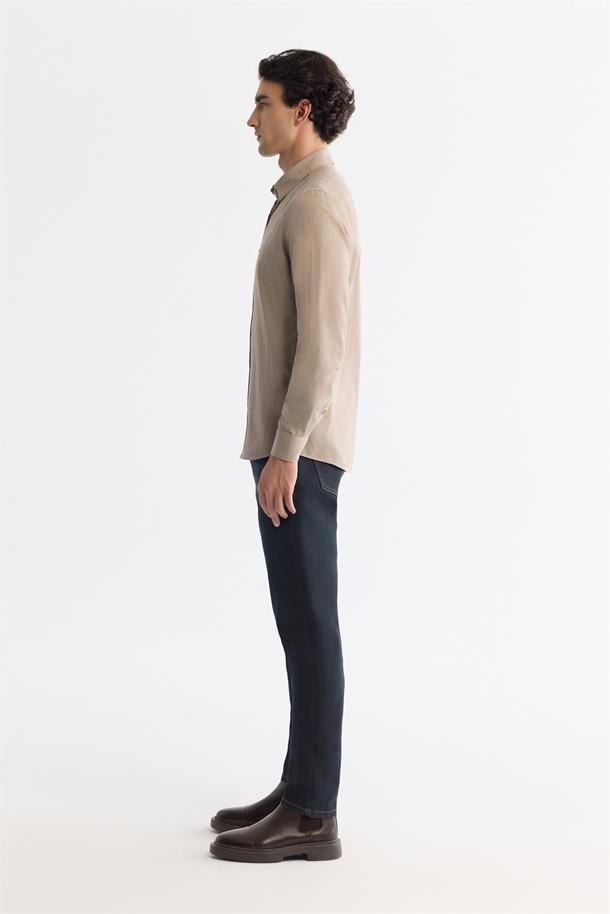 Bej Düğmeli Yaka %100 Pamuk Desenli Gömlek