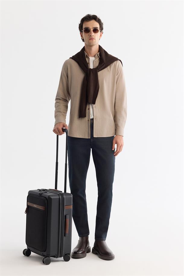 Bej Düğmeli Yaka %100 Pamuk Desenli Gömlek