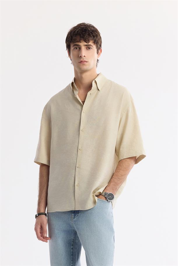 Bej Alttan Britli Yaka Modal Karışımlı Soft Touch Gömlek