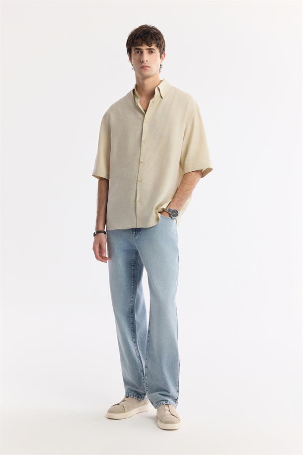 Bej Alttan Britli Yaka Modal Karışımlı Soft Touch Gömlek