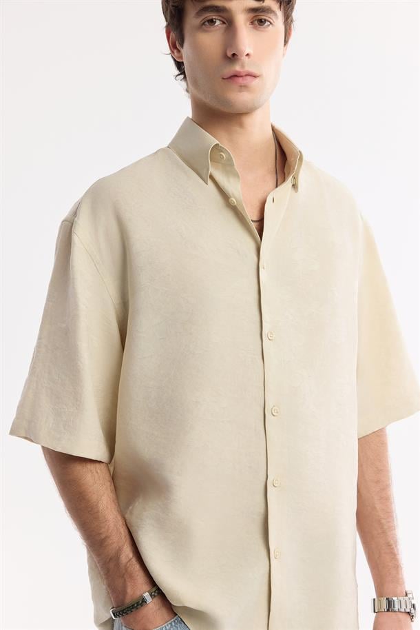 Bej Alttan Britli Yaka Modal Karışımlı Soft Touch Gömlek