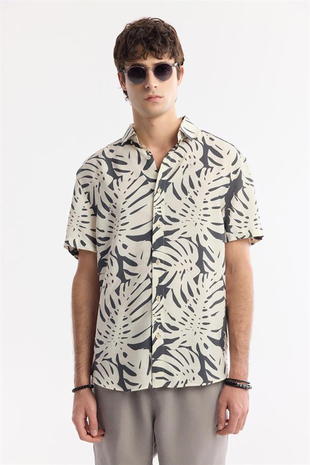 Bej-Antrasit Alttan Britli Yaka Baskılı Soft Touch Gömlek