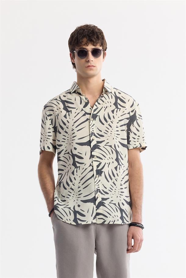 Bej-Antrasit Alttan Britli Yaka Baskılı Soft Touch Gömlek