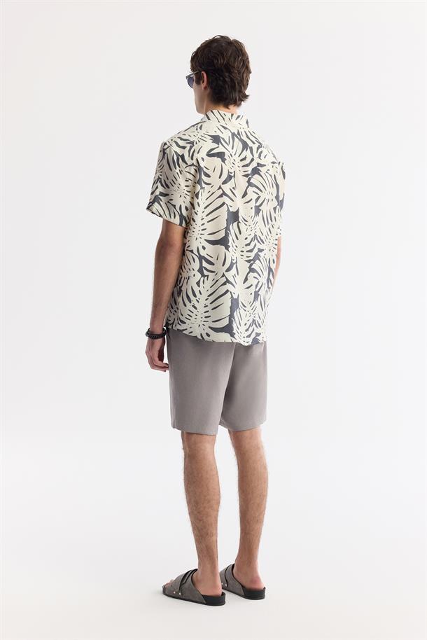 Bej-Antrasit Alttan Britli Yaka Baskılı Soft Touch Gömlek