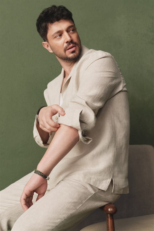 Bej Apaj Yaka %100 Keten Nefes Alan Gömlek Ceket