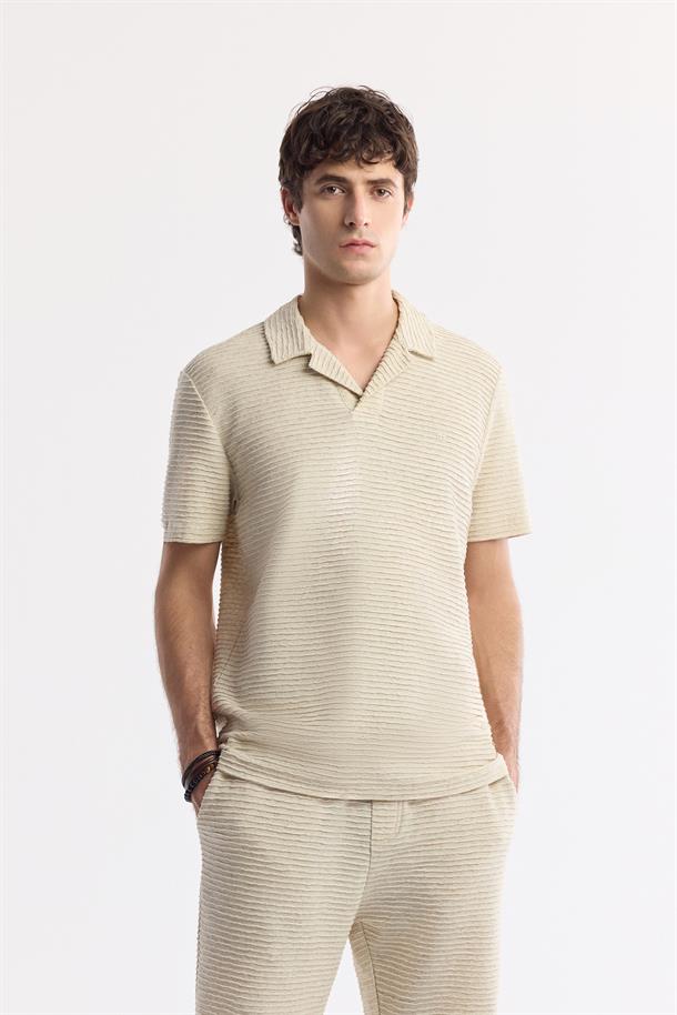 Bej Apaj Yaka Keten Karışımlı Jakarlı T-Shirt