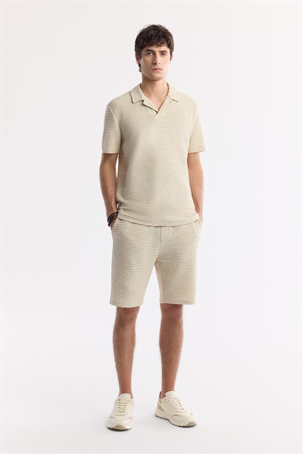 Bej Apaj Yaka Keten Karışımlı Jakarlı T-Shirt