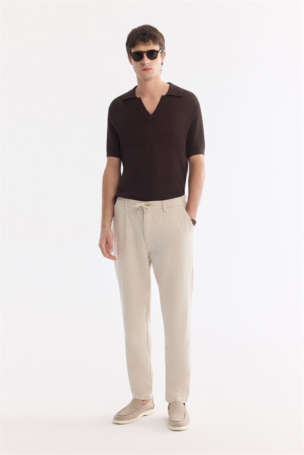 Bej Beli Bağcıklı Keten Karışımlı Chino Pantolon