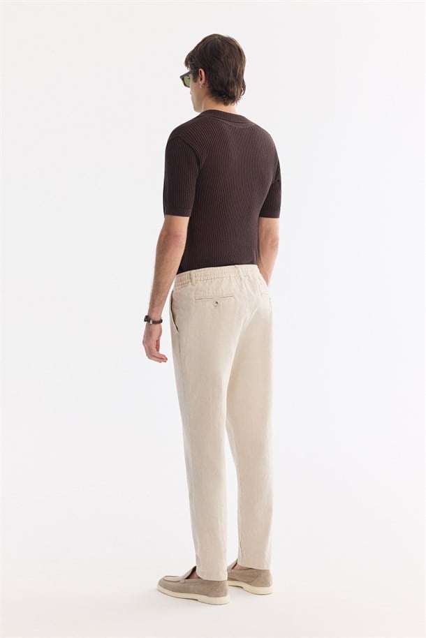 Bej Beli Bağcıklı Keten Karışımlı Chino Pantolon