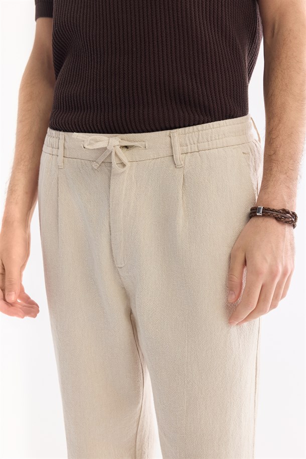 Bej Beli Bağcıklı Keten Karışımlı Chino Pantolon