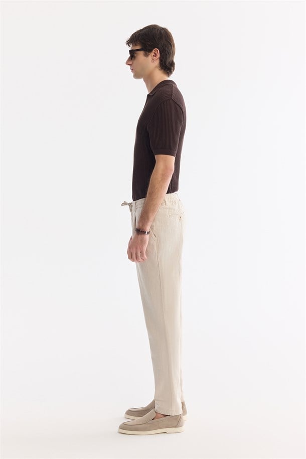 Bej Beli Bağcıklı Keten Karışımlı Chino Pantolon