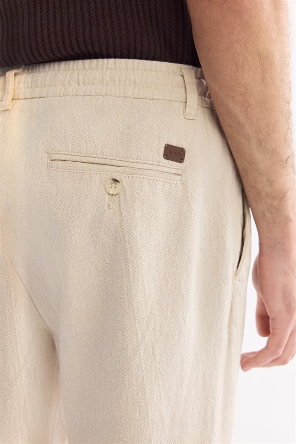 Bej Beli Bağcıklı Keten Karışımlı Chino Pantolon