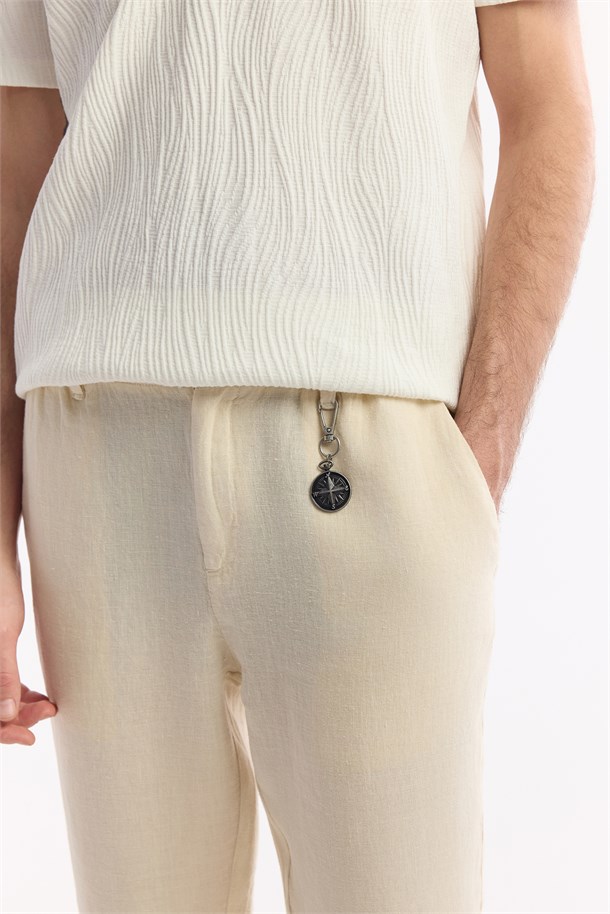 Bej Beli Lastikli %100 Keten Pantolon