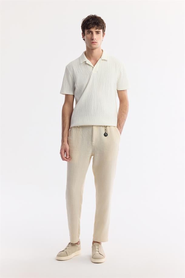 Bej Beli Lastikli %100 Keten Pantolon