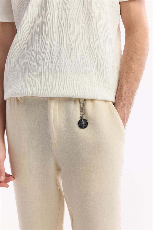 Bej Beli Lastikli %100 Keten Pantolon