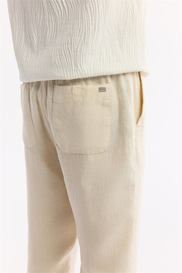 Bej Beli Lastikli %100 Keten Pantolon