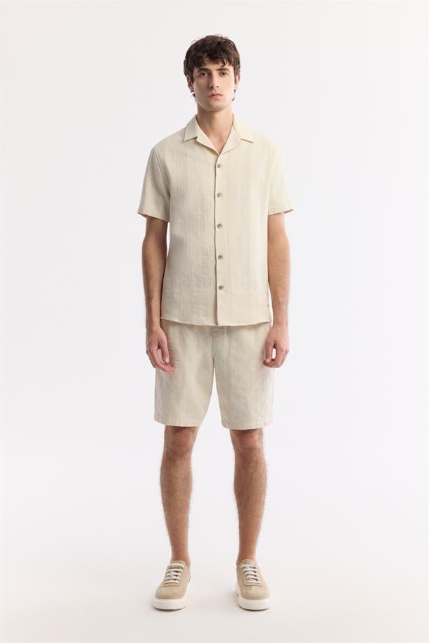 Bej Beli Lastikli Bağcıklı %100 Pamuk Şort