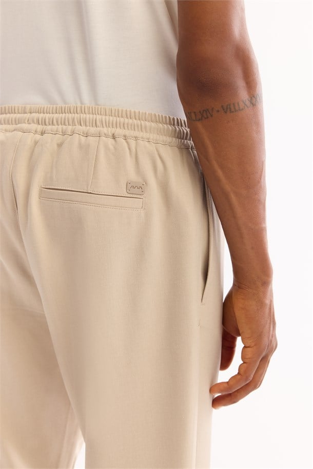 Bej Beli Lastikli Bağcıklı Duble Paça Jogger Pantolon