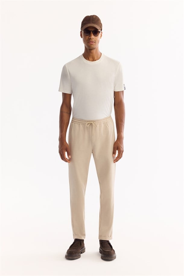 Bej Beli Lastikli Bağcıklı Duble Paça Jogger Pantolon