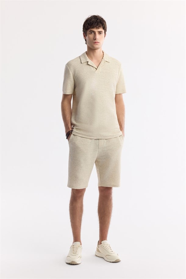 Beige Elastic Waist Drawstring Linen Blend Knit Shorts