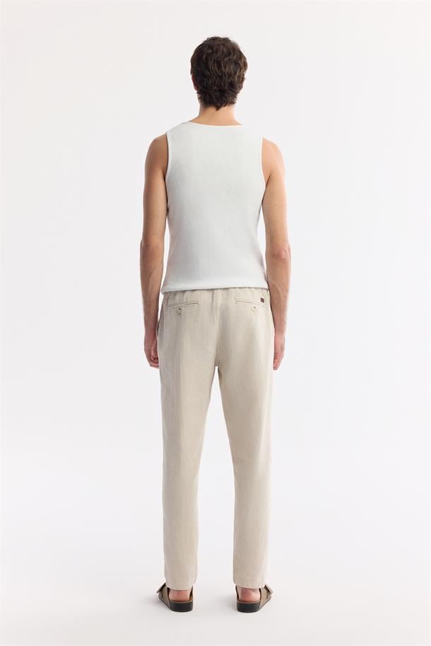 Bej Beli Bağcıklı Keten Karışımlı Chino Pantolon