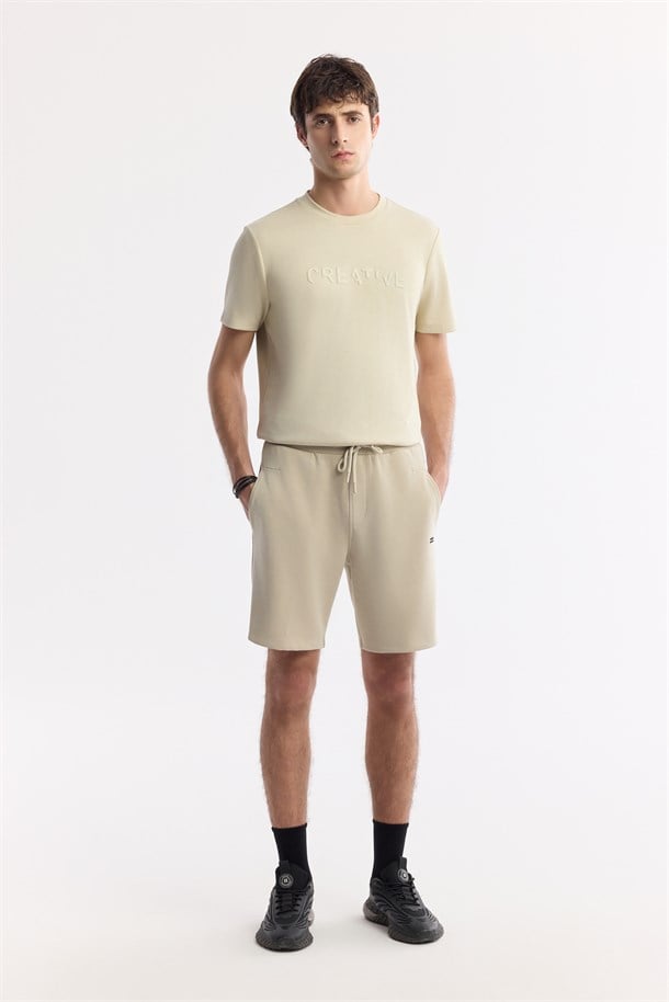 Beige Elastic Waist Drawstring Soft Touch Knit Shorts