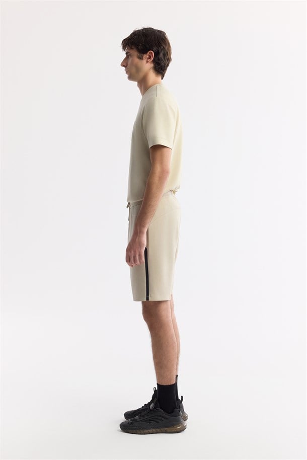Beige Elastic Waist Drawstring Soft Touch Knit Shorts