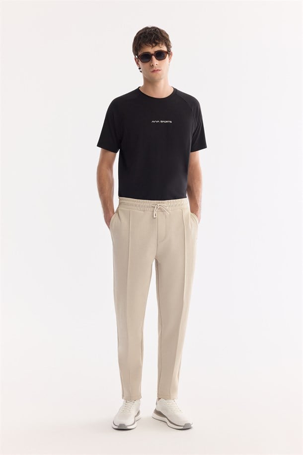 Bej Beli Lastikli Bağcıklı Yandan Cep Fermuar  Nervürlü İnterlok Jogger