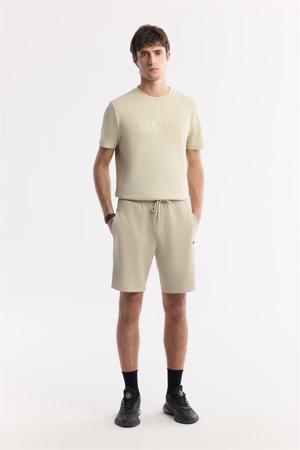 Bej Beli Lastikli Bağcıklı Soft Touch Örme Şort