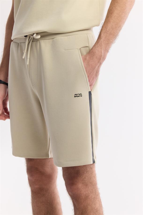 Bej Beli Lastikli Bağcıklı Soft Touch Örme Şort