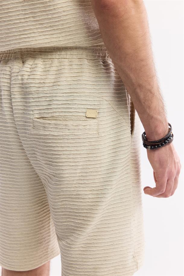 Bej Beli Lastikli Bağcıklı Keten Karışımlı Örme Şort