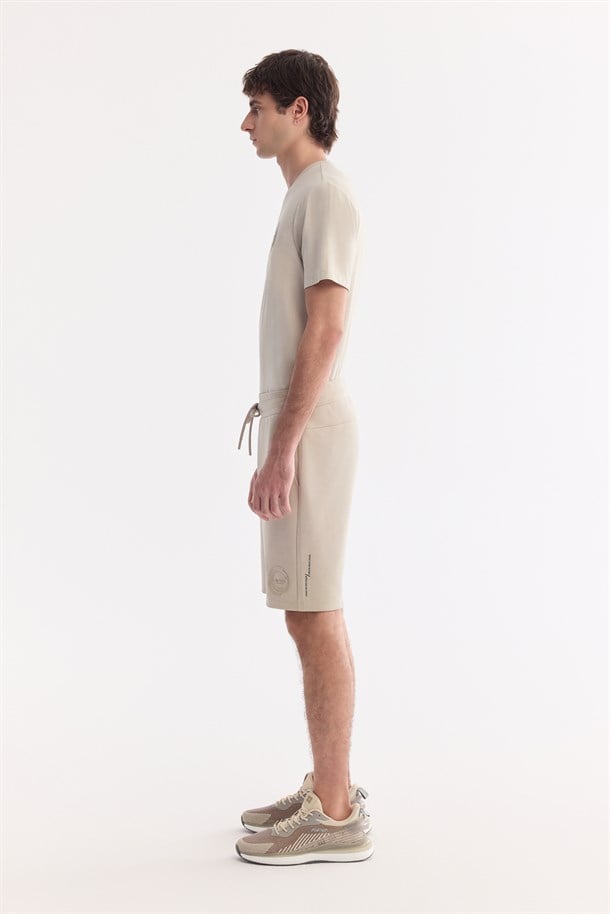 Bej Beli Lastikli Bağcıklı Bi-Stretch Soft Touch Şort