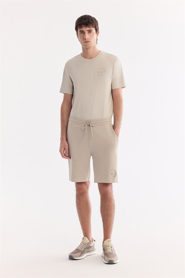 Bej Beli Lastikli Bağcıklı Bi-Stretch Soft Touch Şort